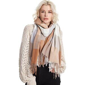 Women Light Brown Winter Warm Shawl Wraps Tartan Blanket Oversized Scarves
